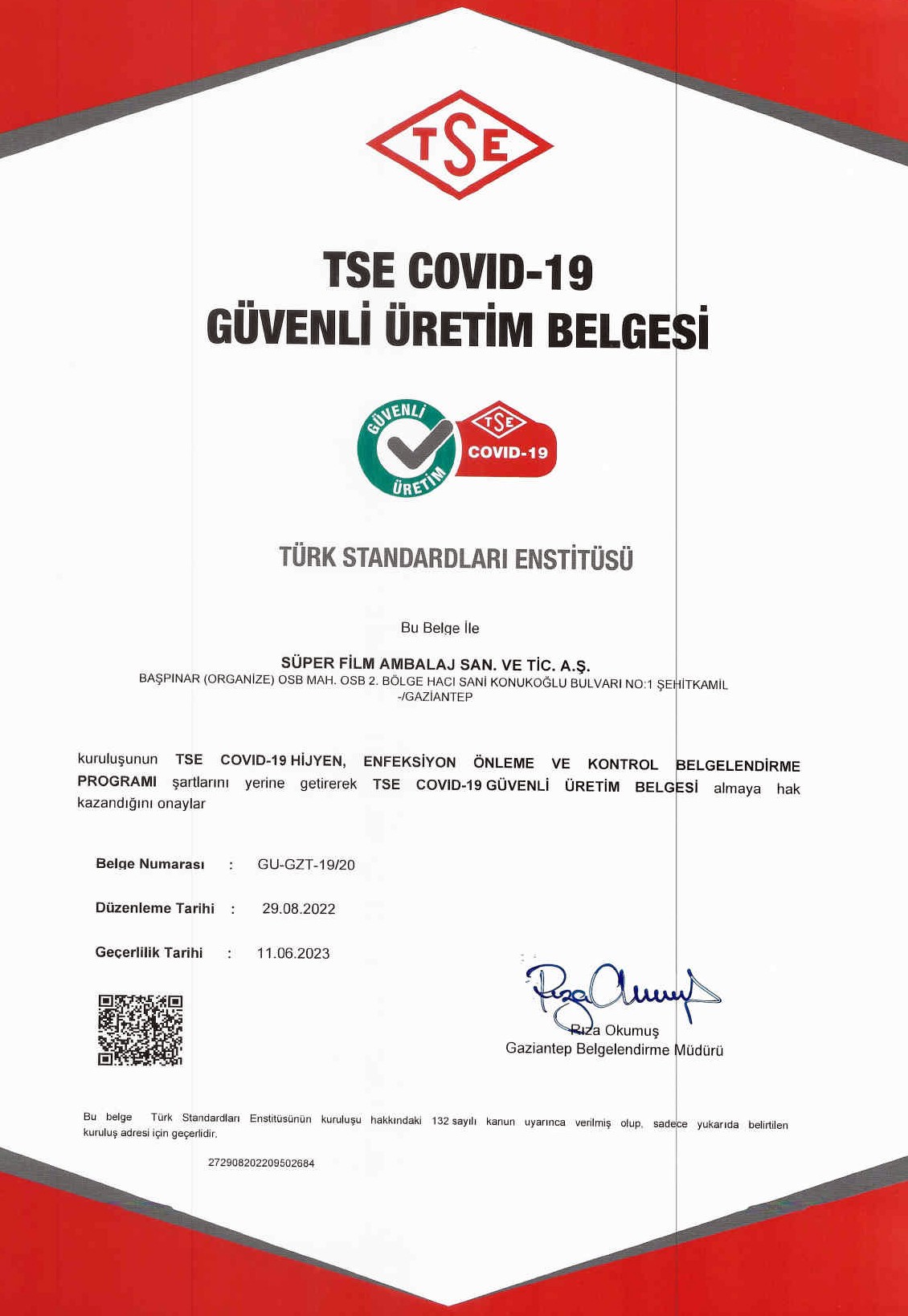Süper film ambalaj “TSE Covıd-19 güvenli üretim belgesini yeniledi  