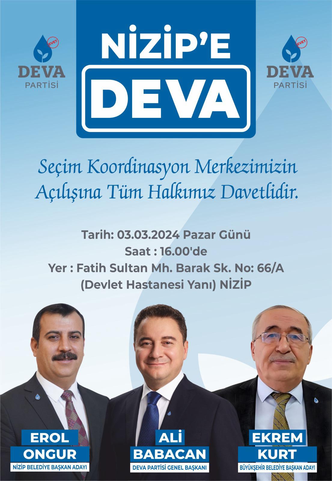 DEVA Partisi Nizip Seçim Koordinasyon Merkezi açılıyor